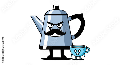 A grumpy cartoon teapot with a mustache menacingly stares down at a worried teacup