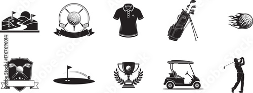 Golf silhouette vector icon set with course flag, ball, club, shirt, bag, cart, trophy and swing for sport branding