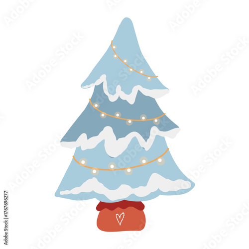 Vector flat illustration of a small Christmas tree in a bag. Blue tree with garland isolated on a white background. Decorative simplified New Years tree. Christmas decor.