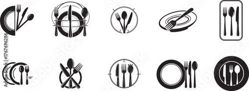 Table setting silhouette vector icons with plate, fork, knife and spoon arrangements for restaurant menu, catering and hospitality