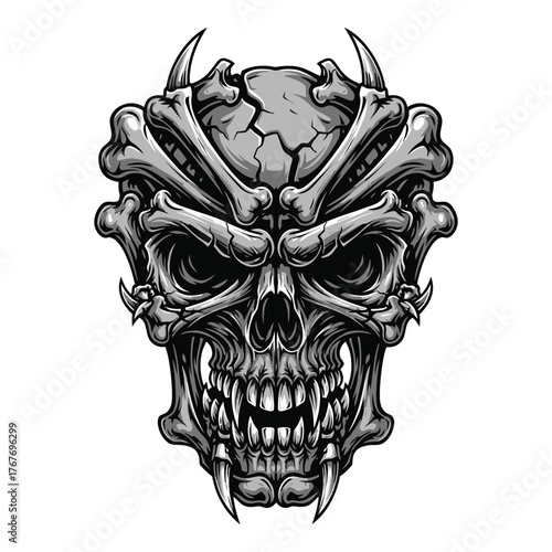 Terrifying skull with bone armor isolated on white background, representing death, darkness, and the macabre in a haunting and detailed design