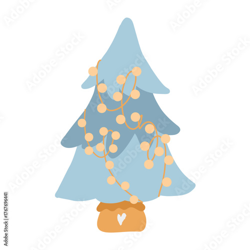Vector flat illustration of a small Christmas tree in a bag. Blue tree with garland isolated on a white background. Decorative simplified New Years tree. Christmas decor.
