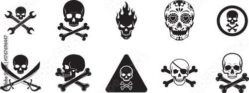 Skull and crossbone silhouette vector set with pirate, hazard, poison, flame and calavera symbols for warning, tattoo and label design