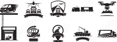 Logistics delivery silhouette vector icons with van, truck, airplane, train, drone, ship and warehouse for shipping and supply chain