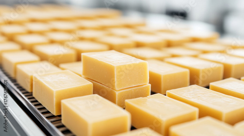Soap Factory, Extruded soap blocks await slicing, showcasing the manufacturing process in high fidelity detail. Perfect for commercial imagery related to production and craft.