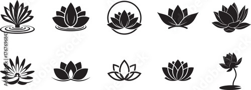 Lotus flower silhouette vector logo set with water lily petal icons for spa, yoga, meditation, beauty and wellness branding
