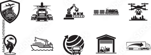 Supply chain silhouette vector icons with shield road, convoy, robot arm, rail, drone, pin, ship, globe, warehouse and truck