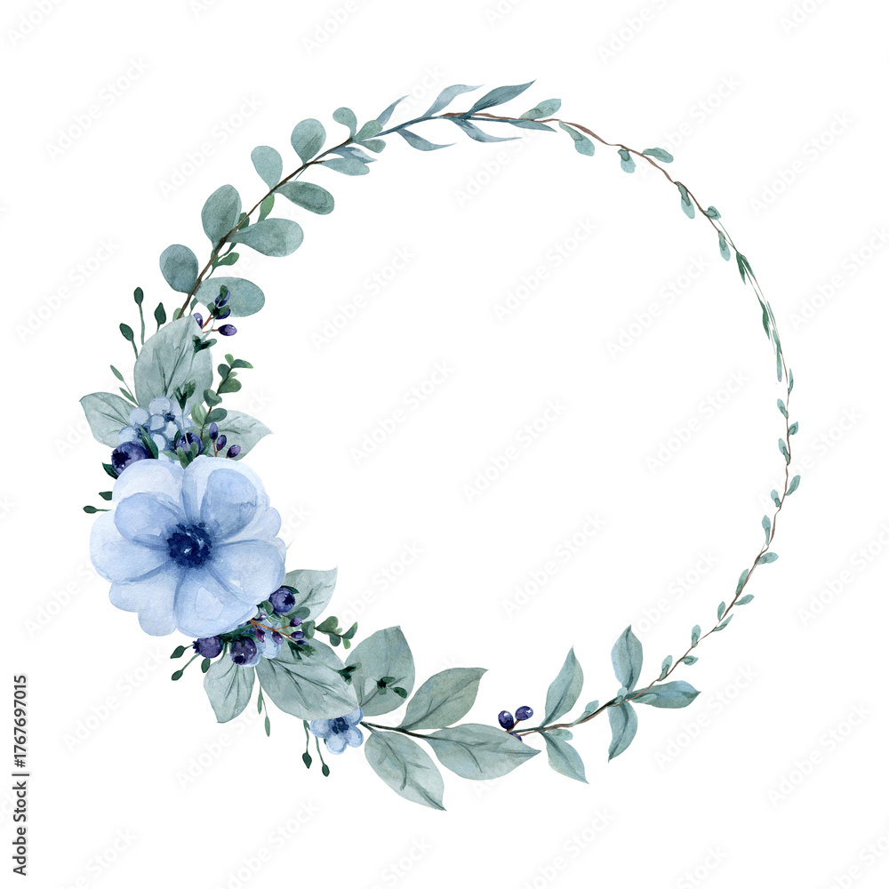 Fototapeta premium Watercolor round wreath with blue anemones, eucalyptus and greenery. Wedding floral frame design. Floral composition isolated on white background for cards, invitations, posters, stickers, print.
