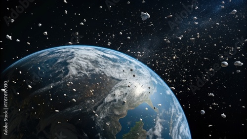 Fototapeta Naklejka Na Ścianę i Meble -  A view of Earth surrounded by asteroids, illustrating the vastness of space and the potential hazards from celestial objects.