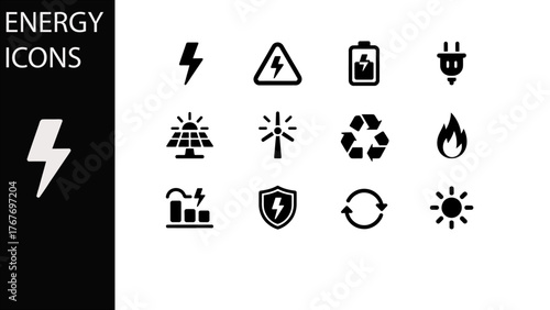 Vector glyph icons set for the energy industry, showcasing symbols for electricity, battery charging, solar panels, wind turbines, and recycling