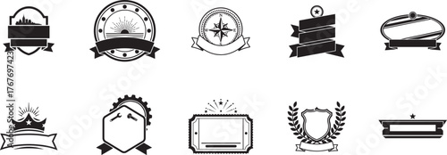 Badge frame silhouette vector set with shield, ribbon, compass, crown, gear, ticket and laurel elements for label design