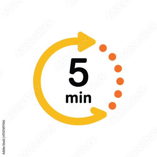 Circular timer icon showing five minutes with rotating arrow and orange dots