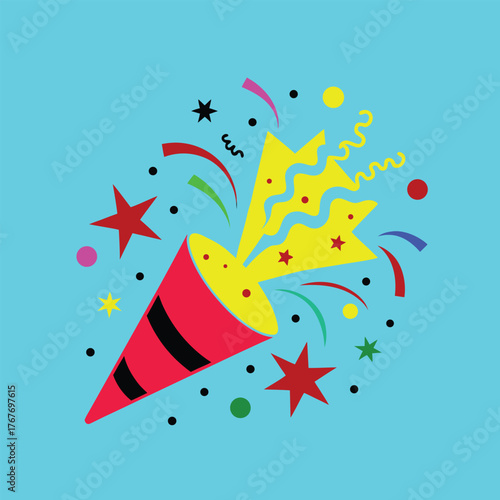 Party popper exploding with stars and confetti shapes on cyan colored bacground