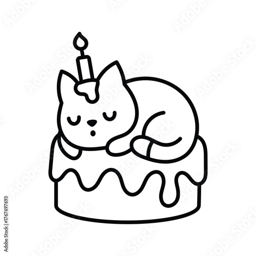 Cartoon drawing of a cat asleep on a birthday cake with a candle