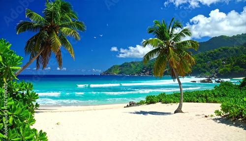 Paradise Beach Scene Palm Trees Turquoise Ocean and White Sand Tropical Vacation