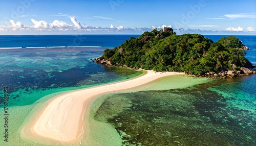 Stunning Aerial View of Tropical Island Paradise with Sandbar and Turquoise Waters