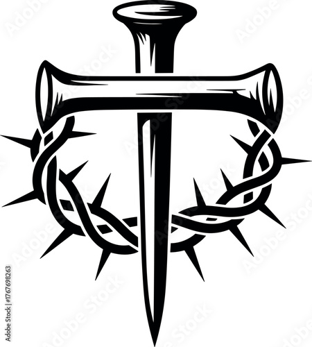 Crown of Thorns and Nail Cross vector illustration silhouette cricut design