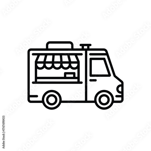 Simple line art icon of a food truck with an open awning