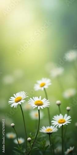 Delicate white daisies with yellow centers in dreamy bokeh, transformative teal and green tones. Perfect for spring, nature, eco-friendly, wellness, organic beauty, and tranquility concepts.