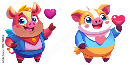 A vibrant, high-quality 3D render featuring two cheerful, chubby cartoon pig characters making a mini heart gesture.