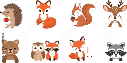 Forest animals woodland creatures cute cartoon hedgehog fox squirrel deer bear
