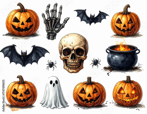 Halloween-themed graphic illustrations of pumpkins, skull, bats, ghost, cauldron, and skeleton hand on a white background.