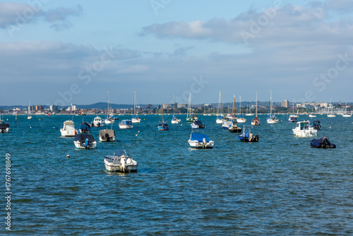 Sandbanks, Poole, UK - October 9th 2025: Boats moored in Poole Harbour.
