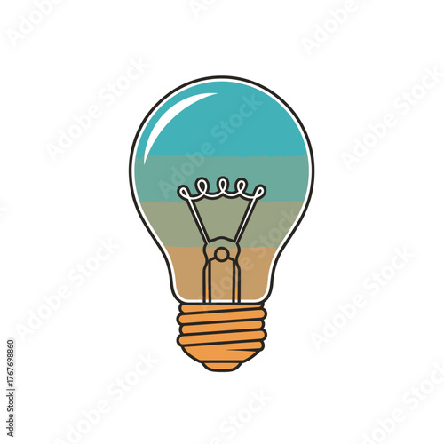 A colorful, striped light bulb illustration with a visible filament and orange screw base, symbolizing ideas and innovation.