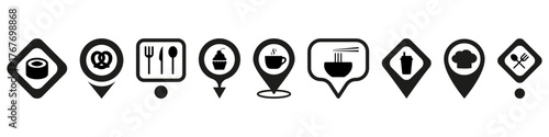 Web pin pointer for restaurants and fast food cafes icon. Marking territory on map and directions of localization for snack in sushi bars and food outlets