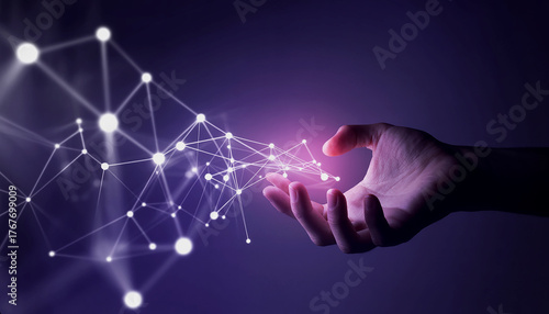 Man and woman hands connecting a digital network globe with a blue glowing light background