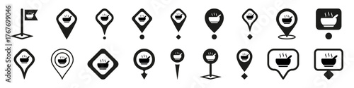 Web pointer for snack bar and fast food cafes icon. Direction territory on map of localization for snack in bars and food outlets