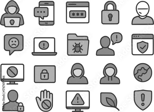 Cyber Crime, Online Bullying, and Privacy Protection Vector Icon Set – Flat Outline Design on Cream Background