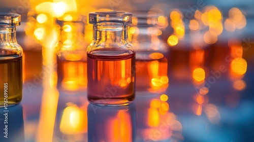 Clear vial with orange liquid displayed in scientific setting