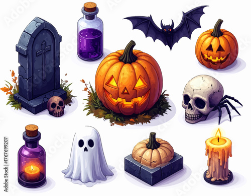 Halloween-themed graphic resources including pumpkins, skulls, ghosts, and potions on a clean white background with a spooky mood.