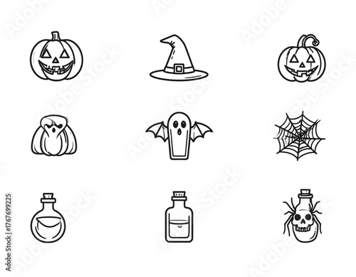 A collection of nine Halloween-themed icons including pumpkins, witch hat, ghost, spider web, potion bottles, and spider with skull, in a simple line drawing style against a clean white
