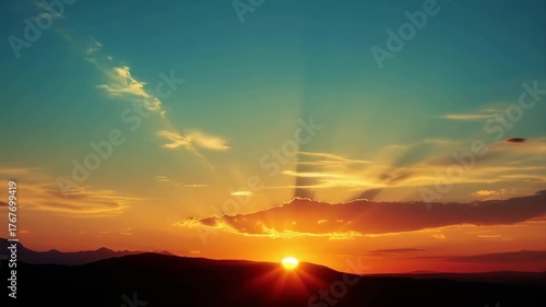 Golden Sunbeams Pierce Through Clouds Above Rolling Hills During Dusk Sky With Teal And Orange Hues