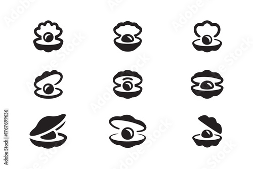 Stylized scallop shells with pearls, oyster pearl open shell, pearl simple flat design, vector illustration EPS .