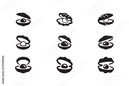 Pearls seashells icons set, oyster shell symbolizes, various pearl oyster shells, vector illustration EPS.