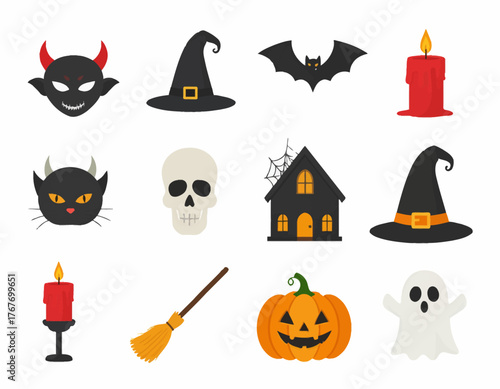 Flat lay of various Halloween icons including a devil mask, witch hats, bat, candle, cat, skull, haunted house, broom, pumpkin, and ghost on a white background with a spooky mood.