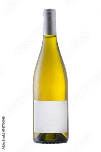 Premium white wine bottle mockup with blank label and silver cap isolated on white, ideal for branding, packaging design, product presentation, and advertising visuals for wineries or luxury drinks