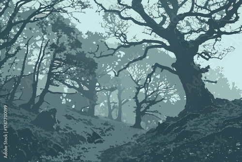 Eerie Forest Scene with Silhouetted Trees and Misty Atmosphere woods nature