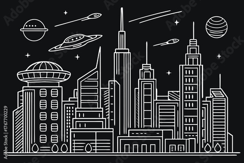 Futuristic cityscape with flying saucers and spaceships on a black background skyline buildings