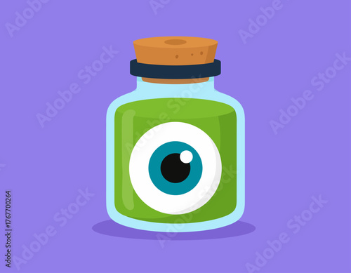 Cartoon-style illustration of a green potion bottle with a blue eye on a purple background, featuring a cork stopper and a white circle around the eye.