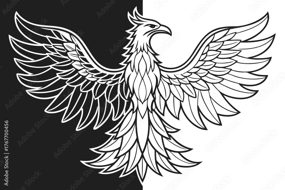 Fototapeta premium Mythical phoenix with outstretched wings on a black and white background mythical creature bird