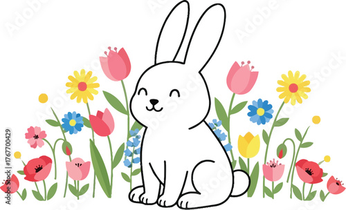 White bunny rabbit flowers spring easter cute floral cartoon illustration garden pet