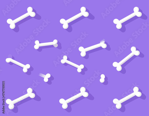 Graphic illustration of white dog bones scattered on a purple background with shadows, in a flat lay composition.