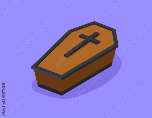 Brown coffin with a black cross on a purple background, rendered in a simple graphic style.