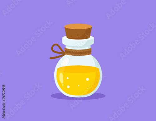 Illustration of a glass bottle with a cork stopper containing yellow liquid against a purple background with a white border.