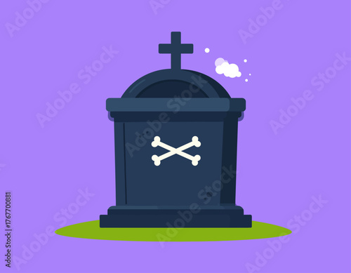 Illustration of a dark blue tombstone with a skull and crossbones on a purple background with a green grassy area.