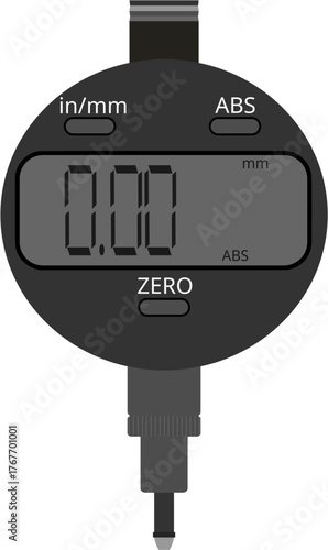 A digital dial gauge isolated on a white background. It is a precision measuring instrument that electronically converts linear displacement into a digital readout on an LCD screen